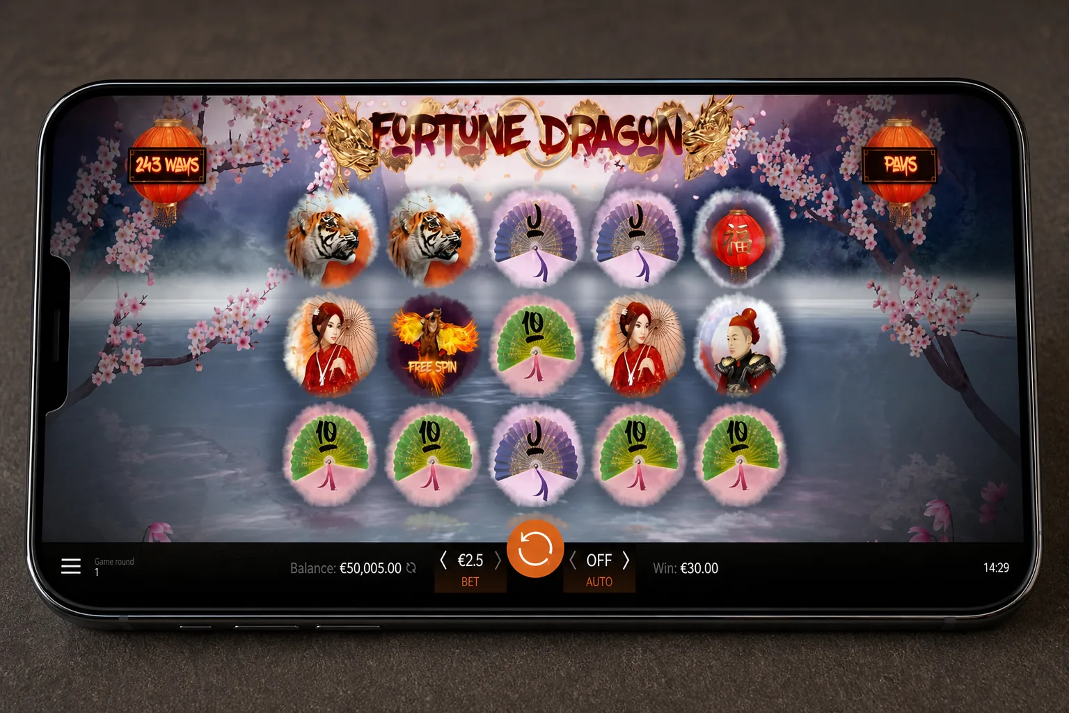 Fortune Dragon screenshot - dragon symbols on the reels with an active win multiplier